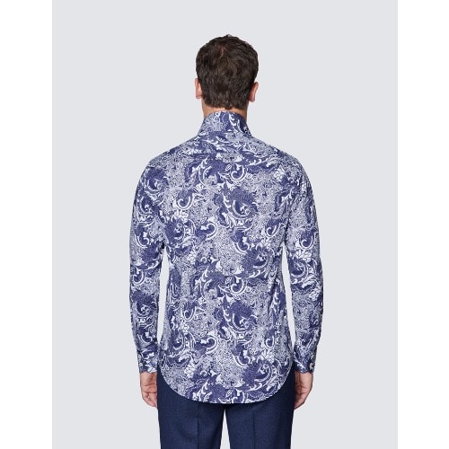 Men's Curtis Navy & White Paisely Print Cotton Stretch Shirt - High Collar