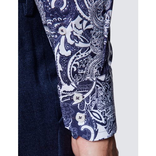 Men's Curtis Navy & White Paisely Print Cotton Stretch Shirt - High Collar