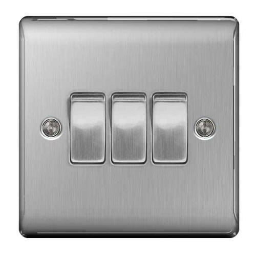 BG Triple Light  3 Gang Switch + 2 Way- 10 Amp 10ax Plate Switch-Brushed Steel