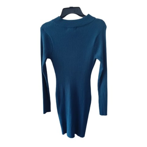 Ring On Neck Long Sleeve Crepe  Dress - Blue