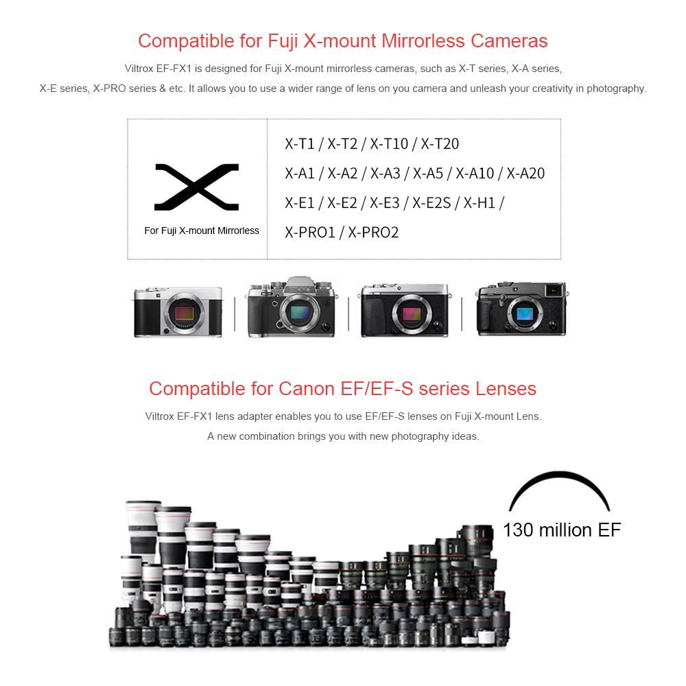 Viltrox EF-FX1 Auto Focus Lens Mount Adapter Replacement for Canon EF/EF-S Lens to Fuji X-Mount Mirrorless Cameras X-T1 X-T2 X-T10 X-T20 X-A1 X-A2 X-A3 X-A5 X-A10 X-A20 X-E1 X-E2 X-E3 X-E2S X-H1 X-PRO1 X-PRO2