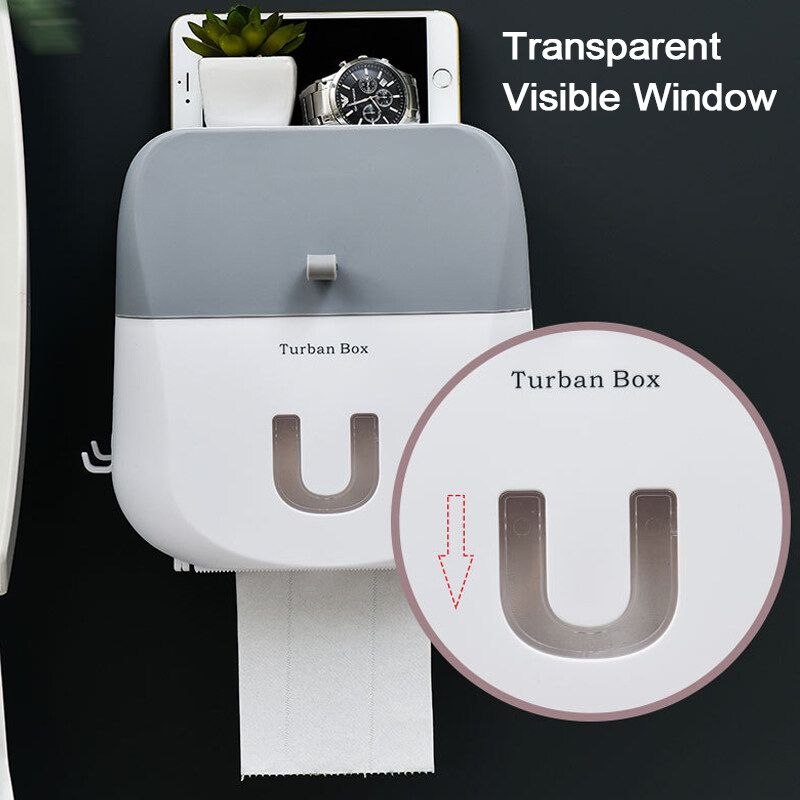 Wall Mounted Toilet Roll Holder Drawer Bathroom Tissue Paper Box Rack Waterproof Grey