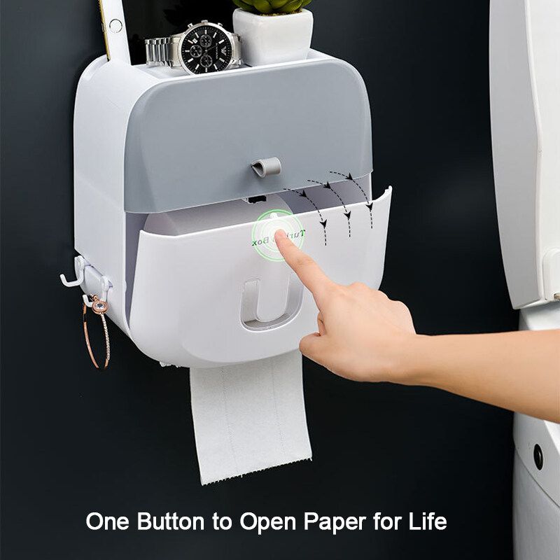 Wall Mounted Toilet Roll Holder Drawer Bathroom Tissue Paper Box Rack Waterproof Grey