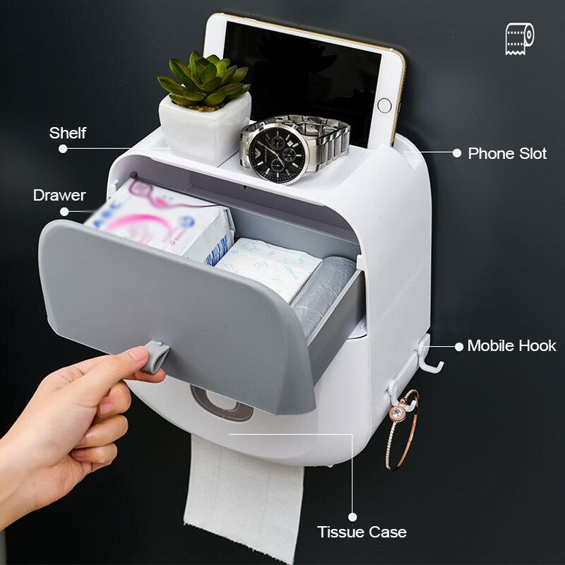 Wall Mounted Toilet Roll Holder Drawer Bathroom Tissue Paper Box Rack Waterproof Grey
