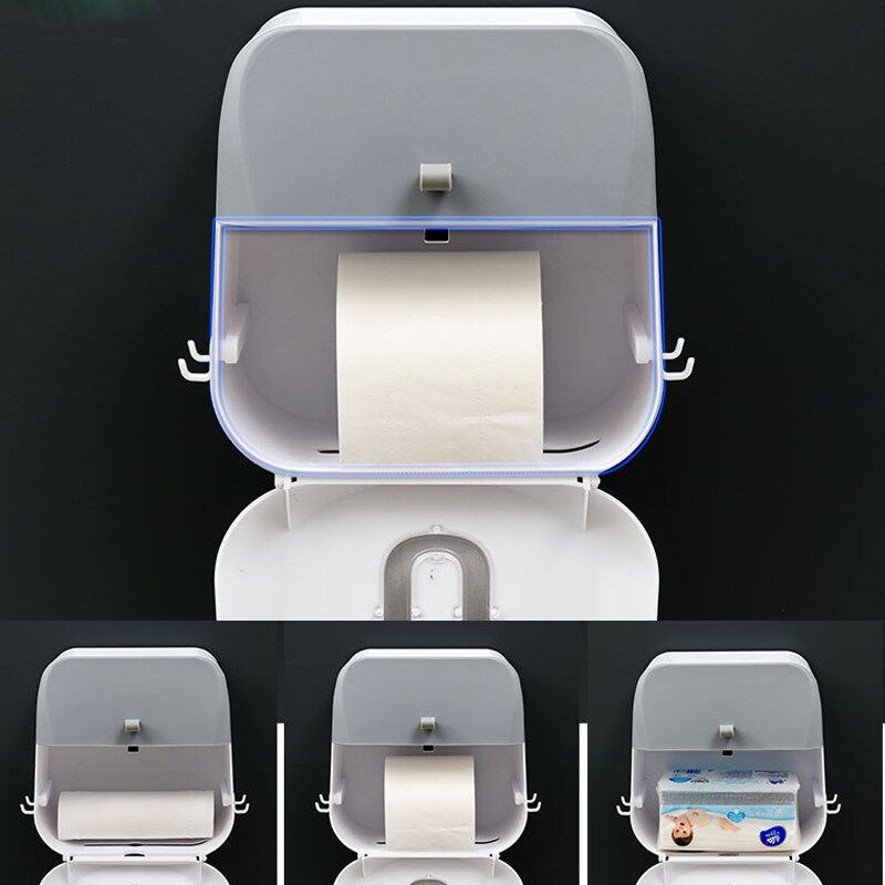 Wall Mounted Toilet Roll Holder Drawer Bathroom Tissue Paper Box Rack Waterproof Grey