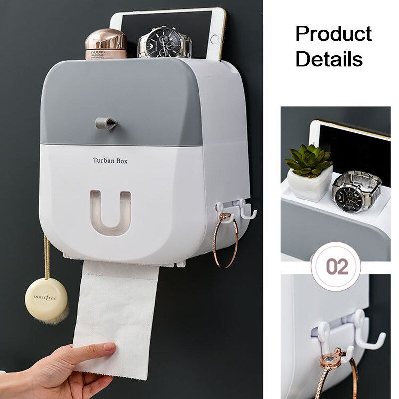 Wall Mounted Toilet Roll Holder Drawer Bathroom Tissue Paper Box Rack Waterproof Grey