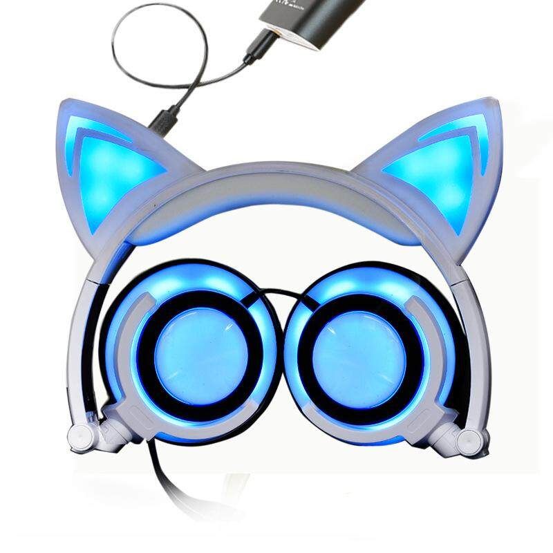New Upgraded Cat Ear Headphones LED Ear Headphone Wired Cat Earphone Flashing Glowing Headset Gaming Headset Blue Blue