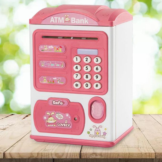 Electronic Fingerprint ATM Piggy Bank Auto Scroll Money Coin Safe Pink
