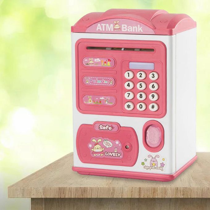 Electronic Fingerprint ATM Piggy Bank Auto Scroll Money Coin Safe Pink