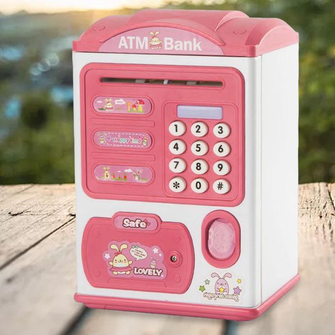 Electronic Fingerprint ATM Piggy Bank Auto Scroll Money Coin Safe Pink