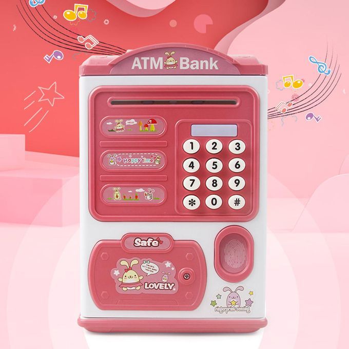Electronic Fingerprint ATM Piggy Bank Auto Scroll Money Coin Safe Pink