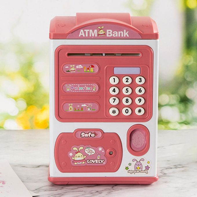 Electronic Fingerprint ATM Piggy Bank Auto Scroll Money Coin Safe Pink