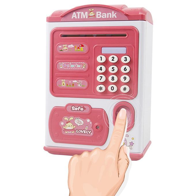 Electronic Fingerprint ATM Piggy Bank Auto Scroll Money Coin Safe Pink