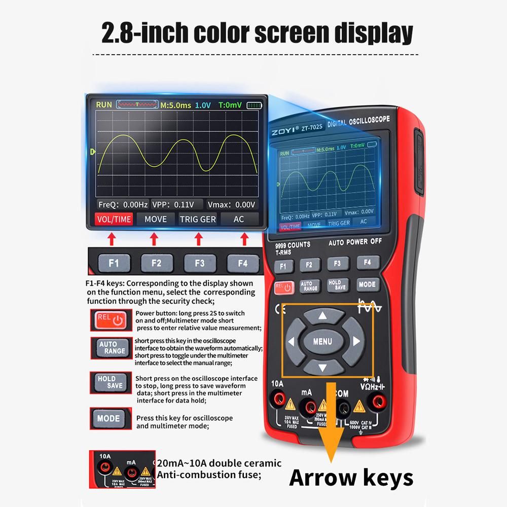 2in1 Digital Oscilloscope Multimeter 48MSa/s Sampling Rate 10Mhz Bandwidth 9999 Counts True RMS 2.8inch IPS Color Display Multimetro
