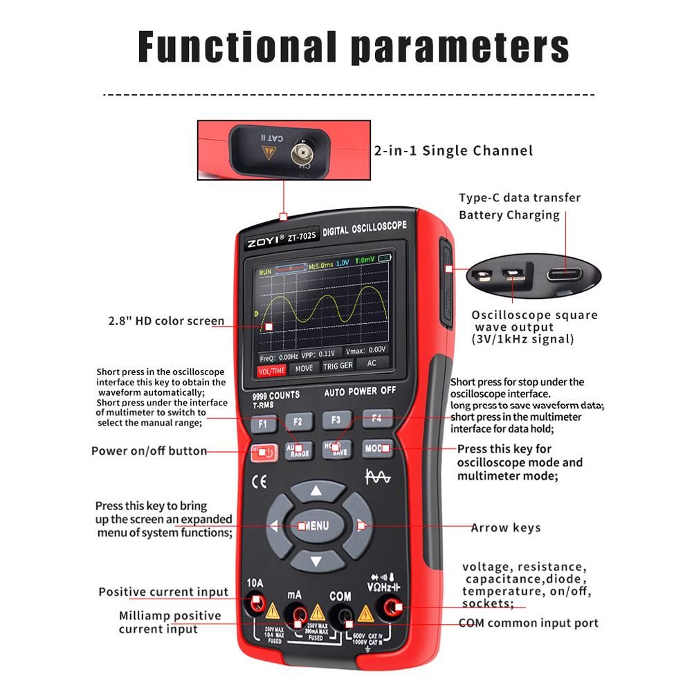 2in1 Digital Oscilloscope Multimeter 48MSa/s Sampling Rate 10Mhz Bandwidth 9999 Counts True RMS 2.8inch IPS Color Display Multimetro