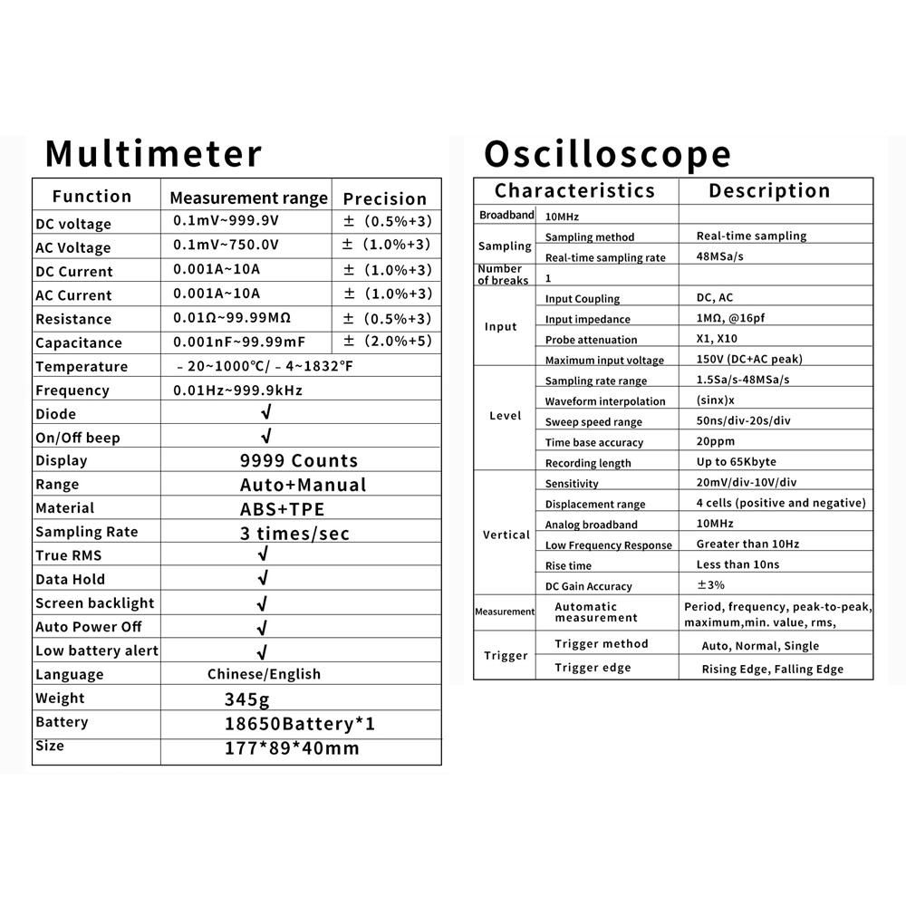 2in1 Digital Oscilloscope Multimeter 48MSa/s Sampling Rate 10Mhz Bandwidth 9999 Counts True RMS 2.8inch IPS Color Display Multimetro