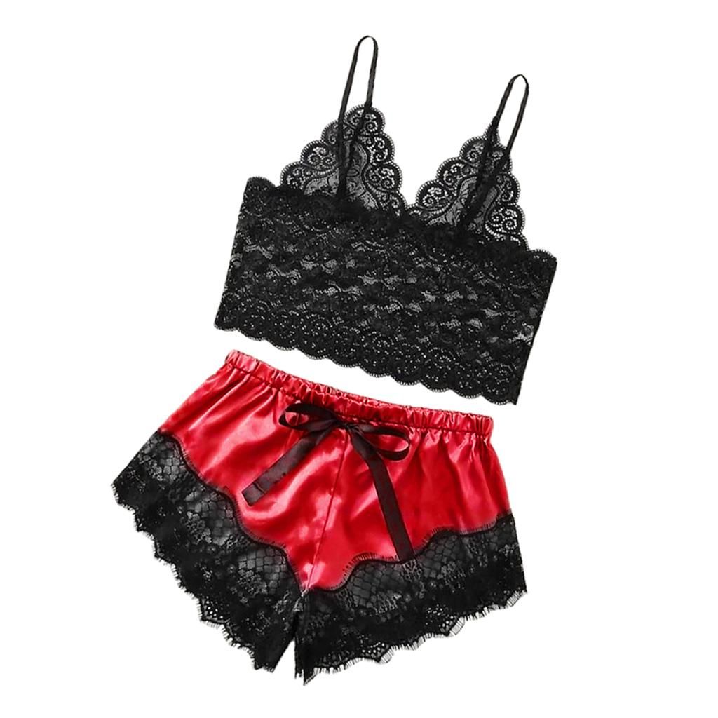 Female Silky Pajama Nightwear Lace Floral Top & Shorts