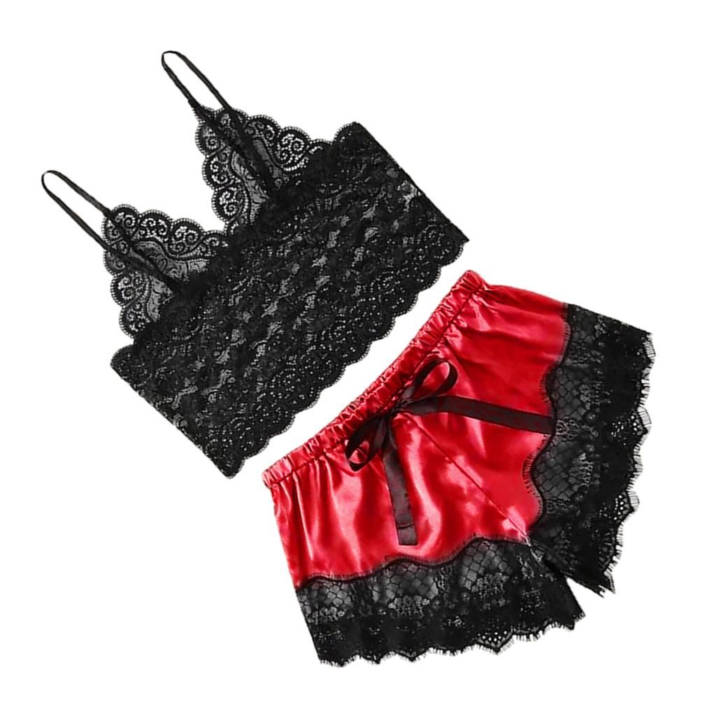 Female Silky Pajama Nightwear Lace Floral Top & Shorts