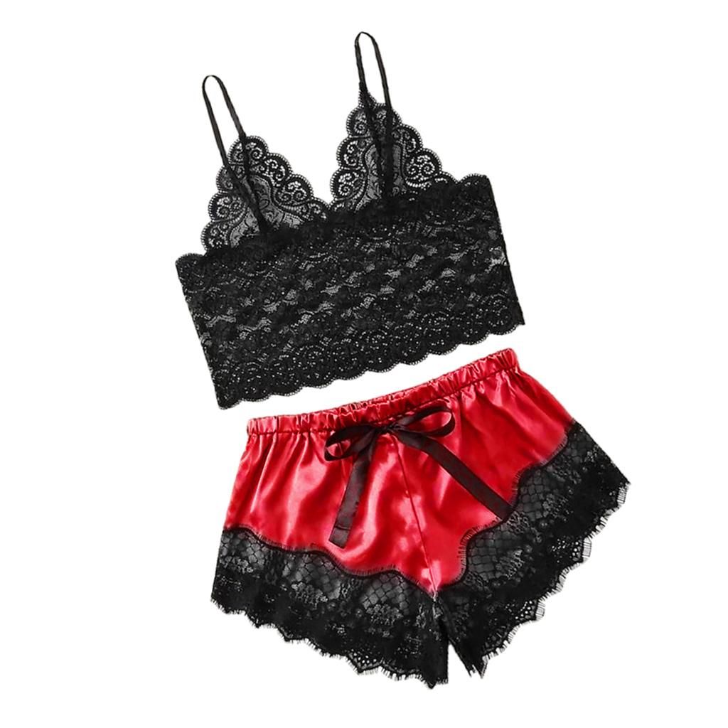 Female Silky Pajama Nightwear Lace Floral Top & Shorts