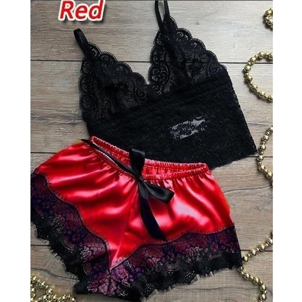 Female Silky Pajama Nightwear Lace Floral Top & Shorts