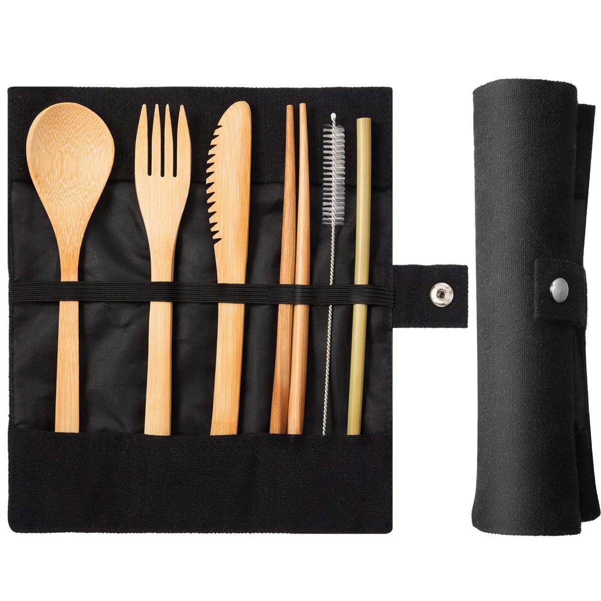 Reusable Travel Bamboo Utensils With Case,Travel Camping Cutlery Set,Chopsticks And Straw For Camping, Portable Flatware Cutlery Set With Case, Bamboo Utensil Set 7 Piece Antique White