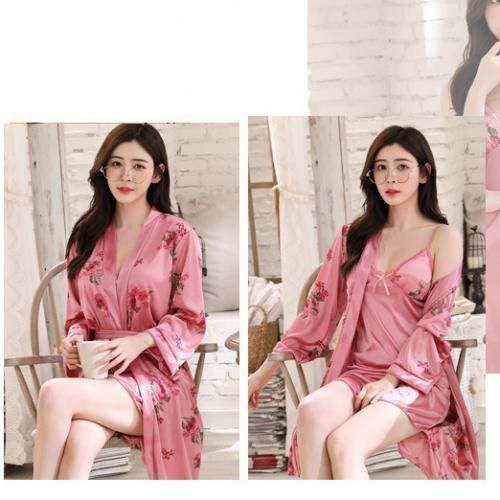 Sleeping Wear Sets Women Robe Ice Silk Nightdress Pajama Set Plus Size