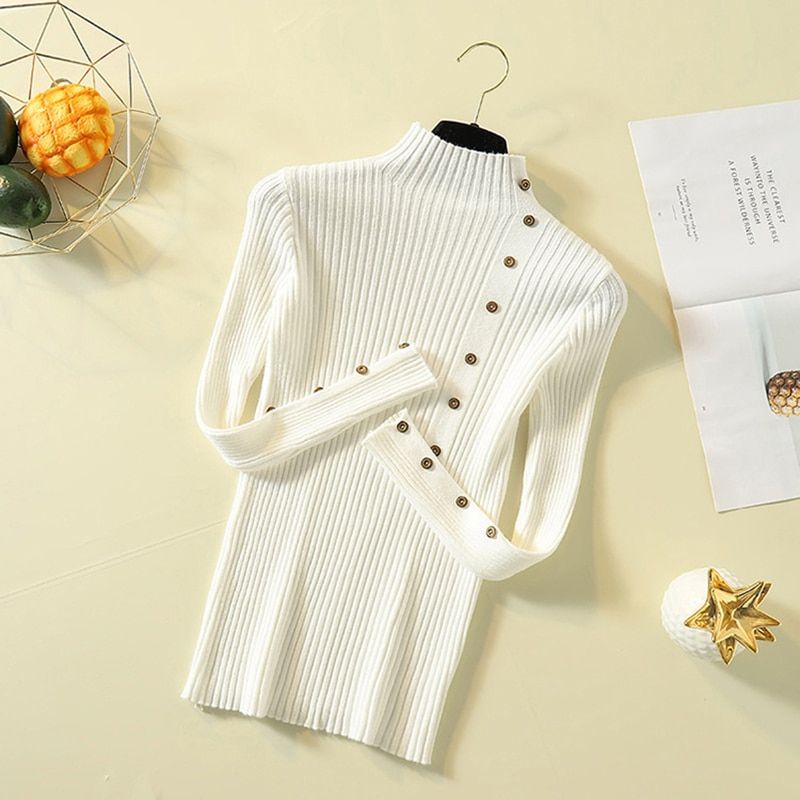 Turtleneck Slim Fit Button Decor Pullover Knitwear Autumn Winter Women Turtle Neck Knit Sweater Casual Long Sleeve Jumper Tops(#White)