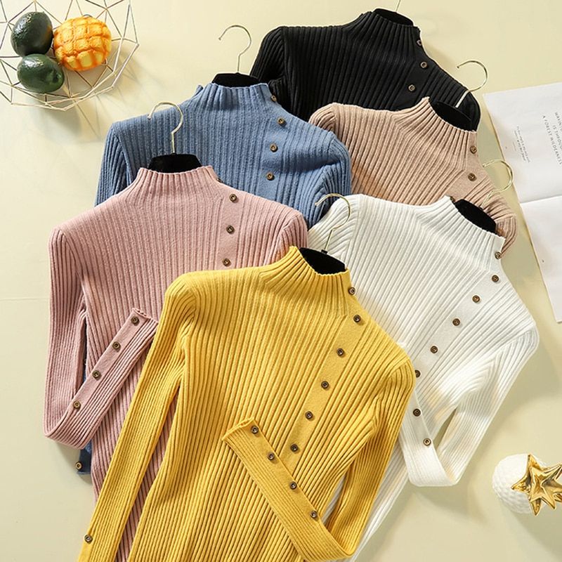 Turtleneck Slim Fit Button Decor Pullover Knitwear Autumn Winter Women Turtle Neck Knit Sweater Casual Long Sleeve Jumper Tops(#White)