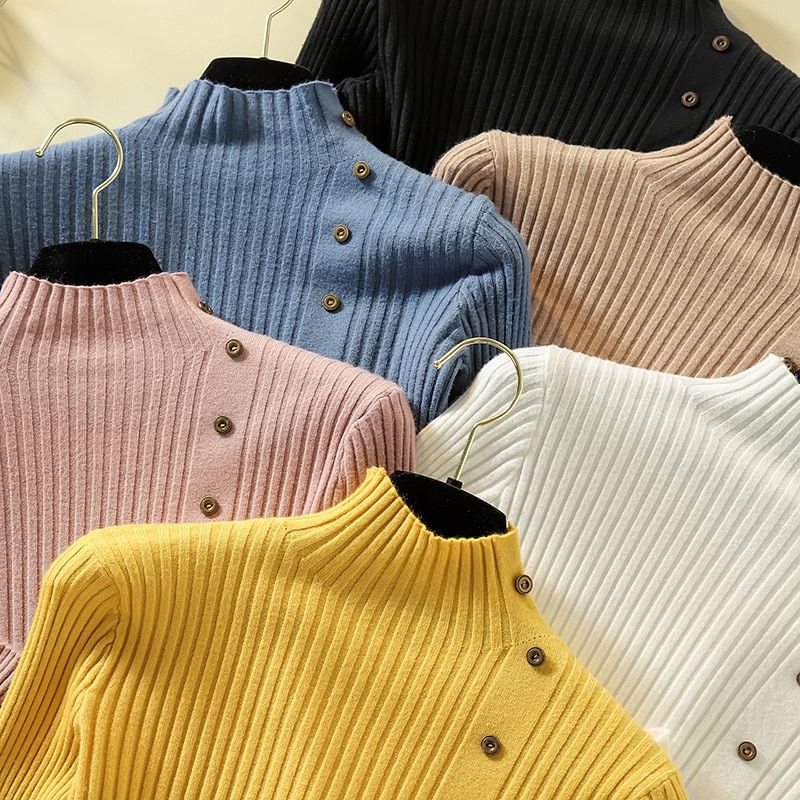 Turtleneck Slim Fit Button Decor Pullover Knitwear Autumn Winter Women Turtle Neck Knit Sweater Casual Long Sleeve Jumper Tops(#White)