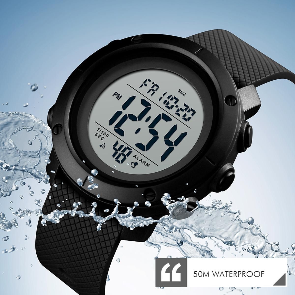 SKMEI 1426 Digital Movement Men Watch 5ATM Waterproof EL Backlight Outdoor Sports Wrist Watch Week Month 12/24-Hours Alarm Countdown Stopwatch Wristwatch for Male with PU Strap Band