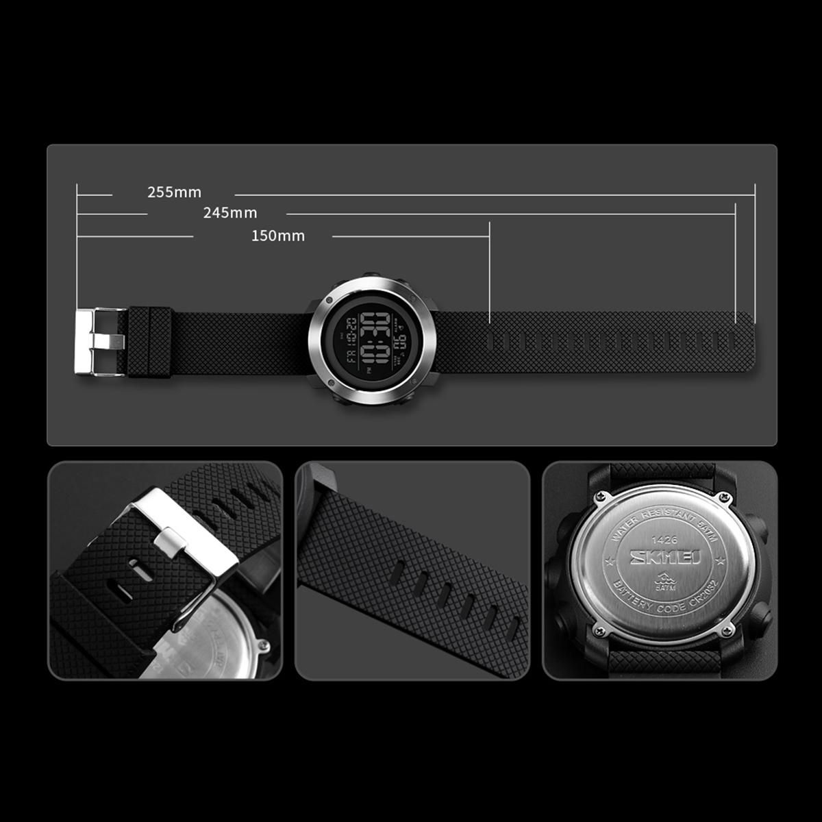 SKMEI 1426 Digital Movement Men Watch 5ATM Waterproof EL Backlight Outdoor Sports Wrist Watch Week Month 12/24-Hours Alarm Countdown Stopwatch Wristwatch for Male with PU Strap Band