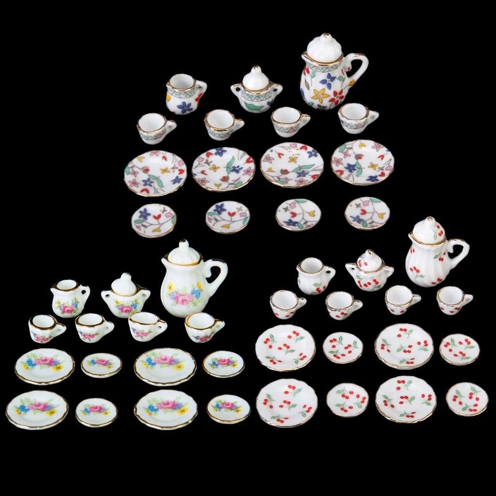 15pcs Dollhouse Miniature Dining Ware Porcelain Tea Set Dish Cup Red Cherry