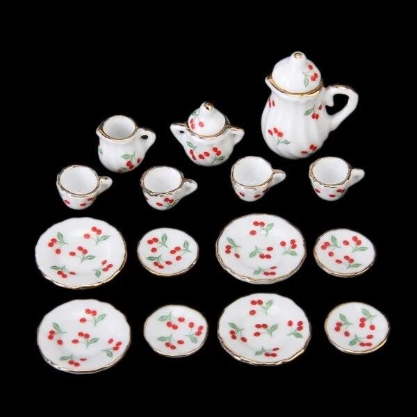 15pcs Dollhouse Miniature Dining Ware Porcelain Tea Set Dish Cup Red Cherry