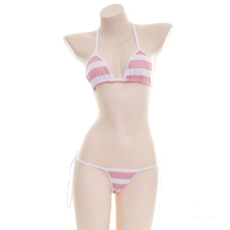 (Pinkstripe)Japanese Women  Black Bikini Set Simple Design Underwear Set Y