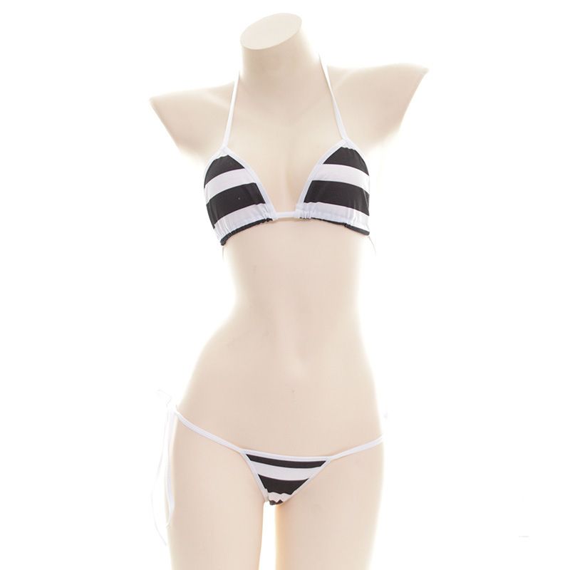 (Blackstripe)Japanese Women  Black Bikini Set Simple Design Underwear Set Y