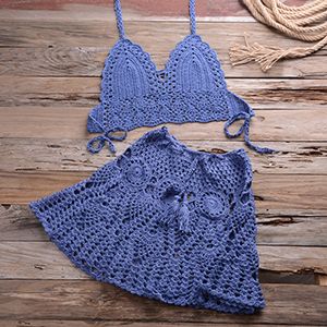 (Blue)y Knitted Bikini  Bathing Suit Women High Waist Crochet Swimsuit With