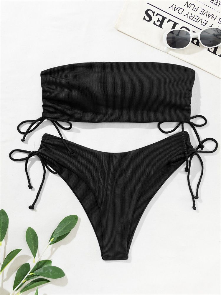 (Rose Red)2022 New Split Two Piece Tube Top Bikini Solid Color Y Ladies