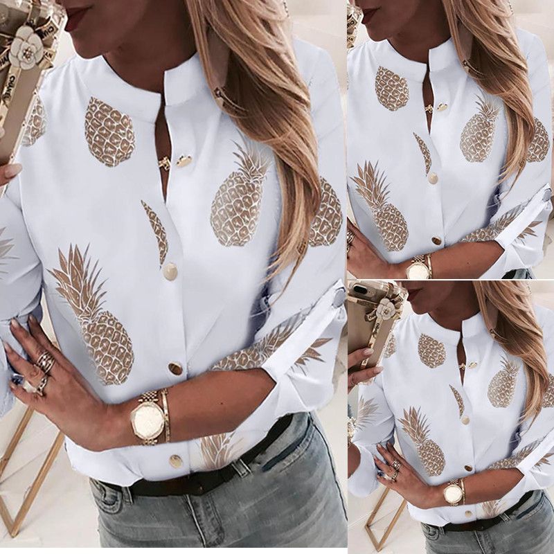 New Fruit Print Women Blouse Fashion V Collar Ladies Shirt