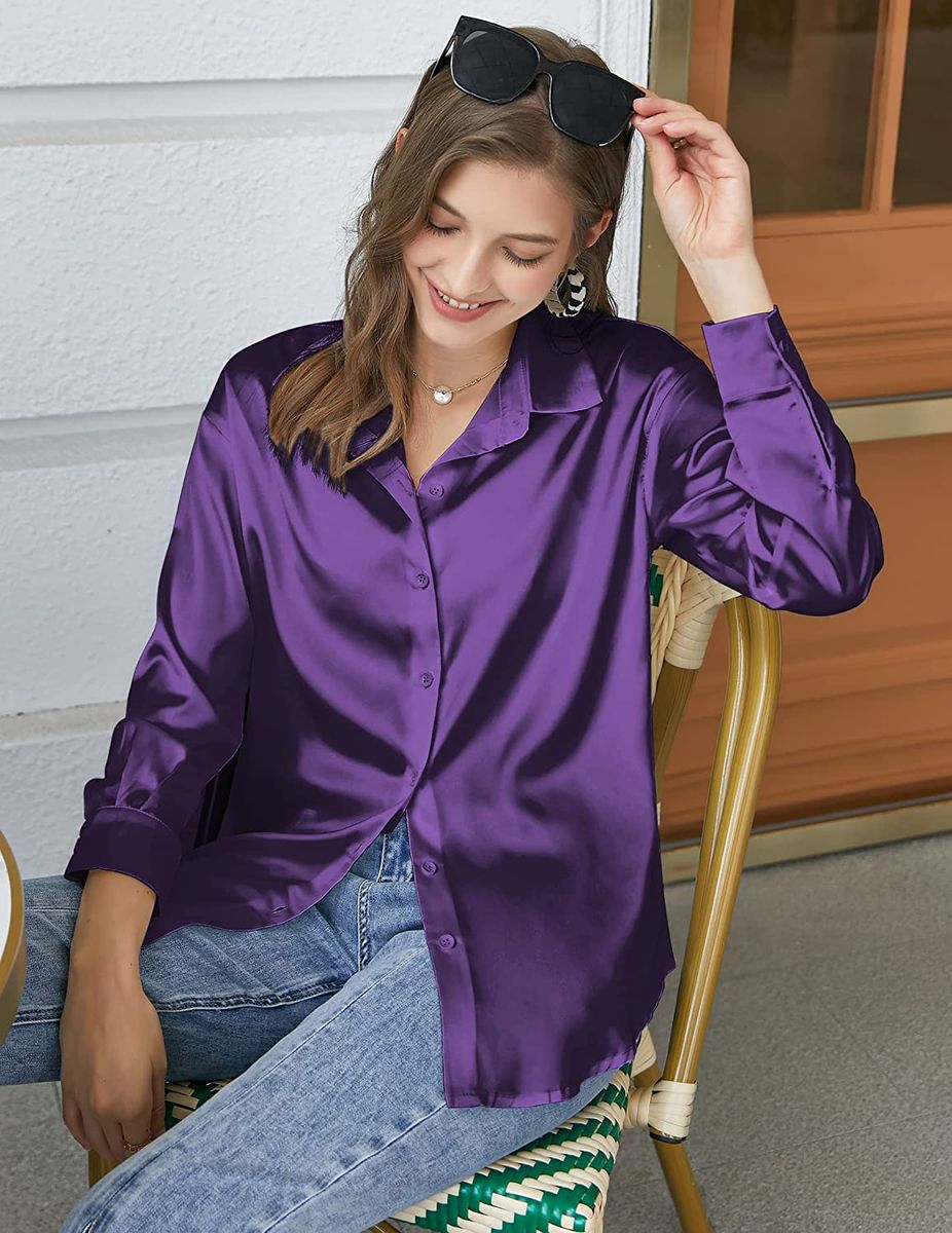 Purple Button Down Satin Silk Shirt Long Sleeve Ladies Women Top Blouse
