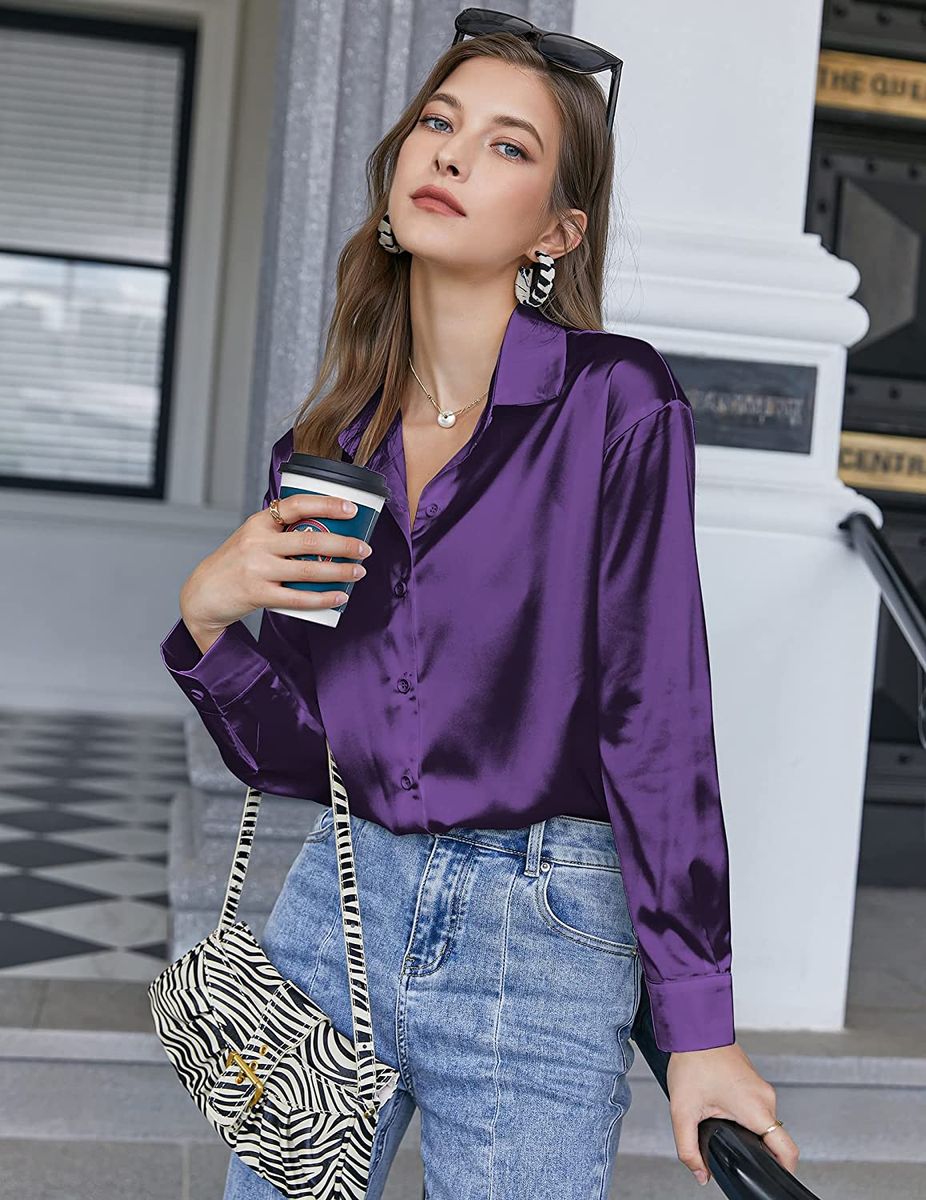 Purple Button Down Satin Silk Shirt Long Sleeve Ladies Women Top Blouse