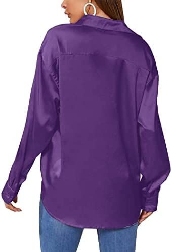 Purple Button Down Satin Silk Shirt Long Sleeve Ladies Women Top Blouse