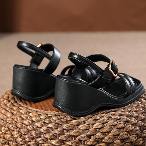 Open Toes Wedge  Heels Sandals-Black