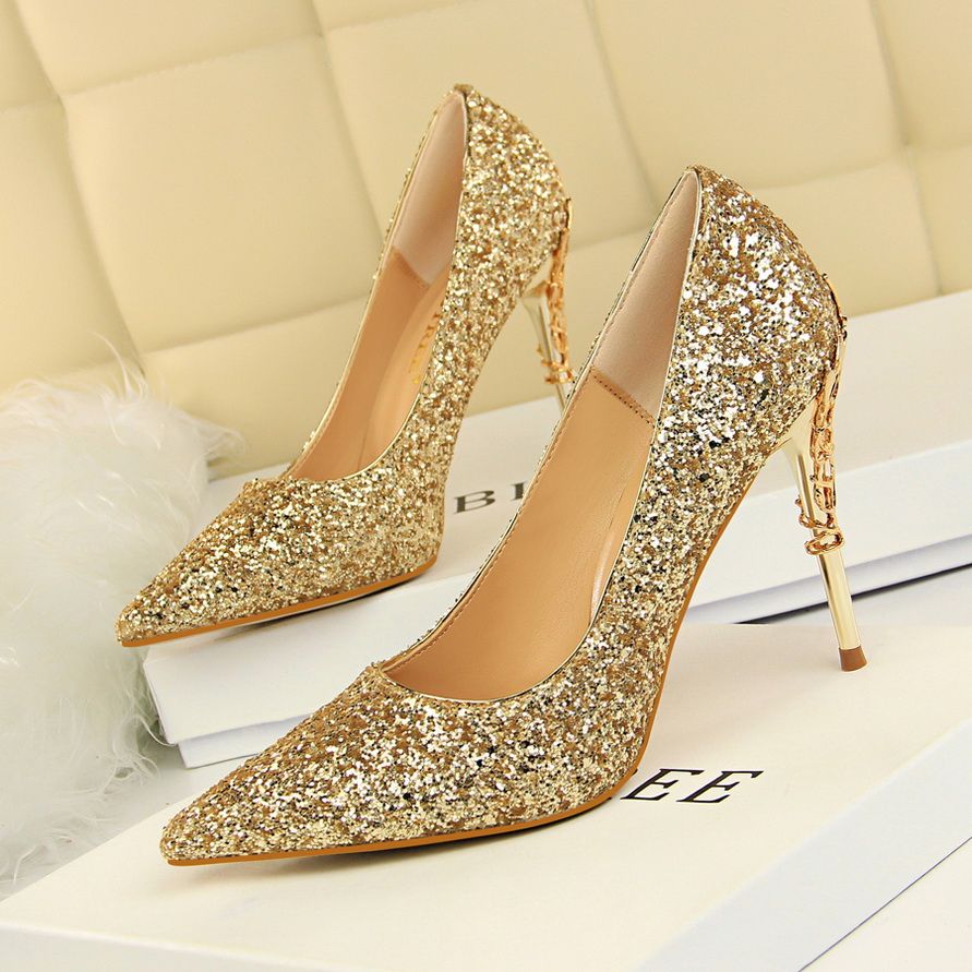 Ladies Heels Metallic Carved Sequins Sandals Gold