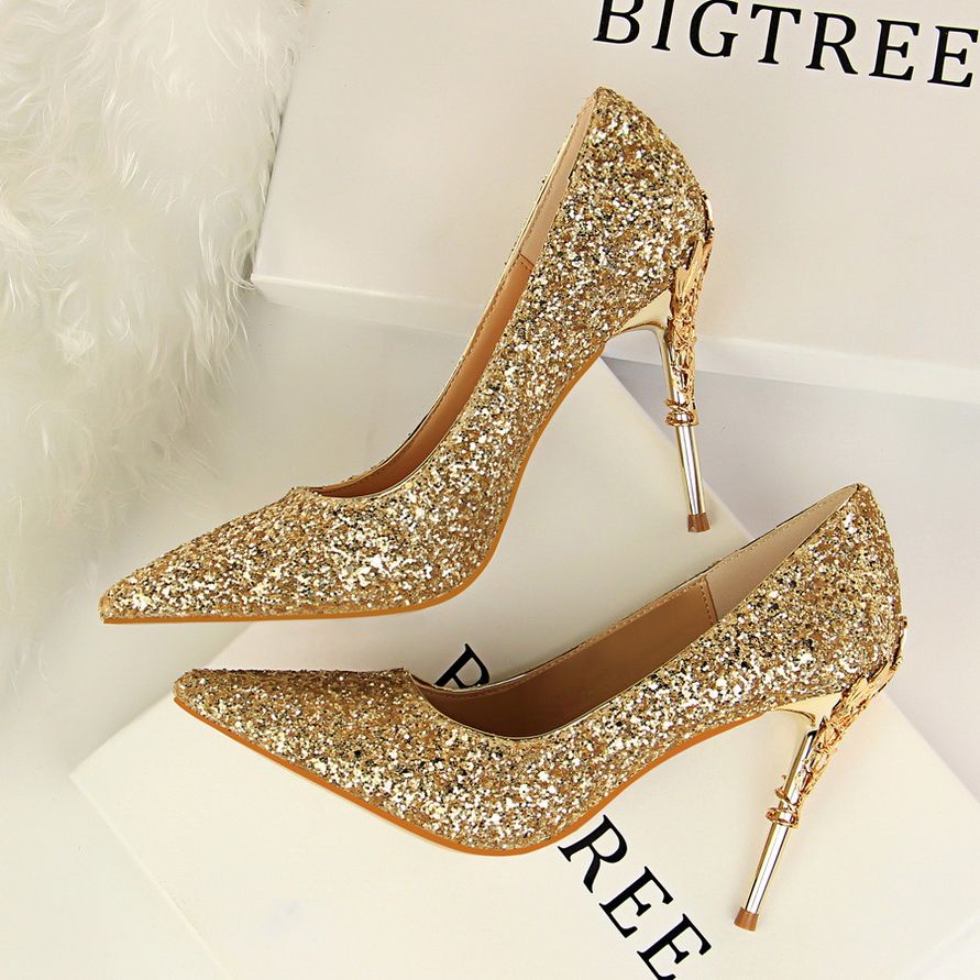 Ladies Heels Metallic Carved Sequins Sandals Gold