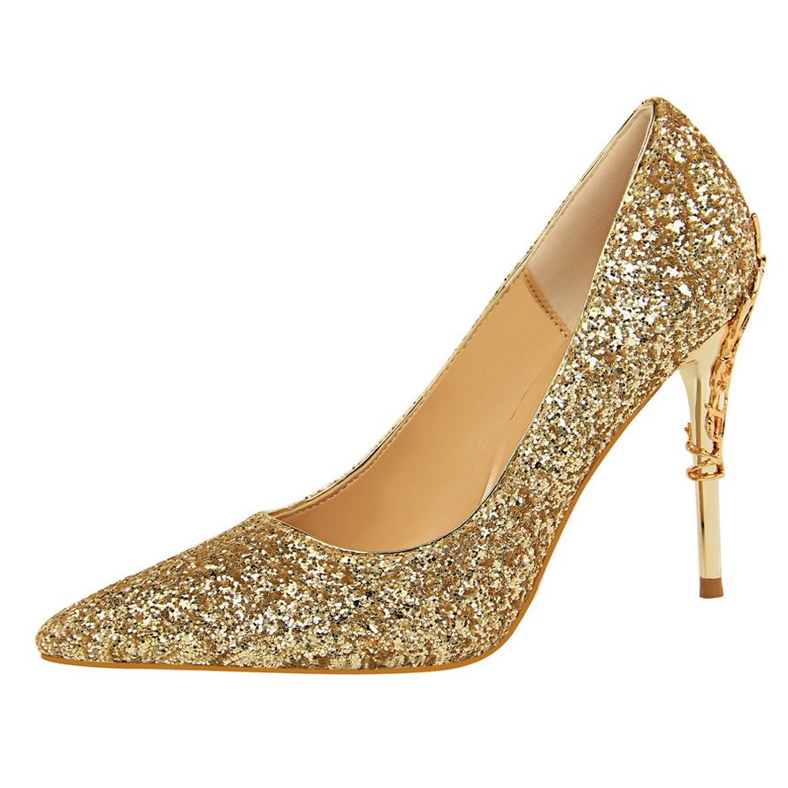Ladies Heels Metallic Carved Sequins Sandals Gold