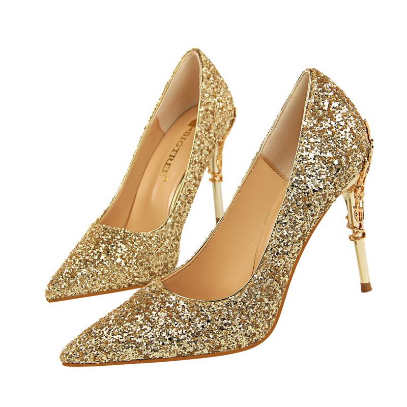 Ladies Heels Metallic Carved Sequins Sandals Gold