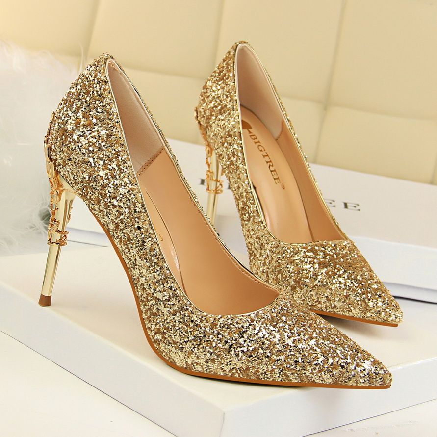 Ladies Heels Metallic Carved Sequins Sandals Gold