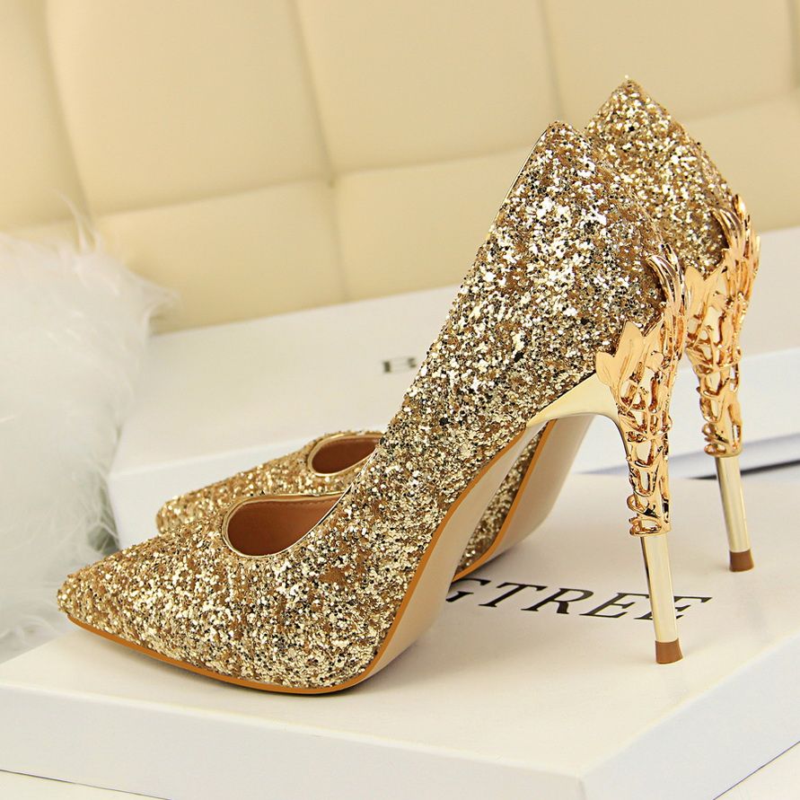 Ladies Heels Metallic Carved Sequins Sandals Gold