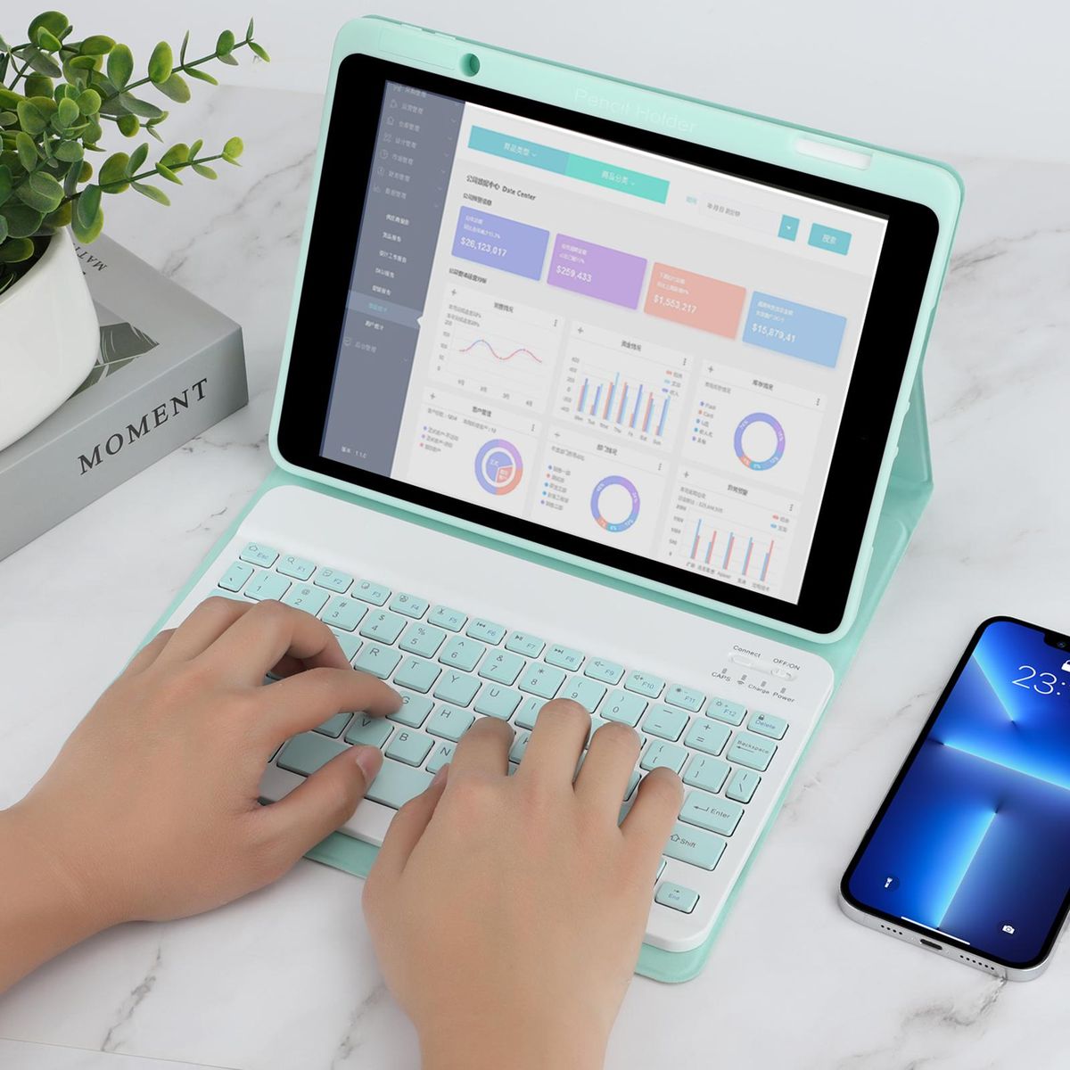Wireless BT Keyboard USB Keypad with PU Leather Protecting Case for Tablet Compatible with iPad Air3 10.5in/ipad Pro 10.5in(2017)/iPad 7 10.2in(2019)/ipad 8 10.2in(2019)/iPad 9 10.2in(2020)