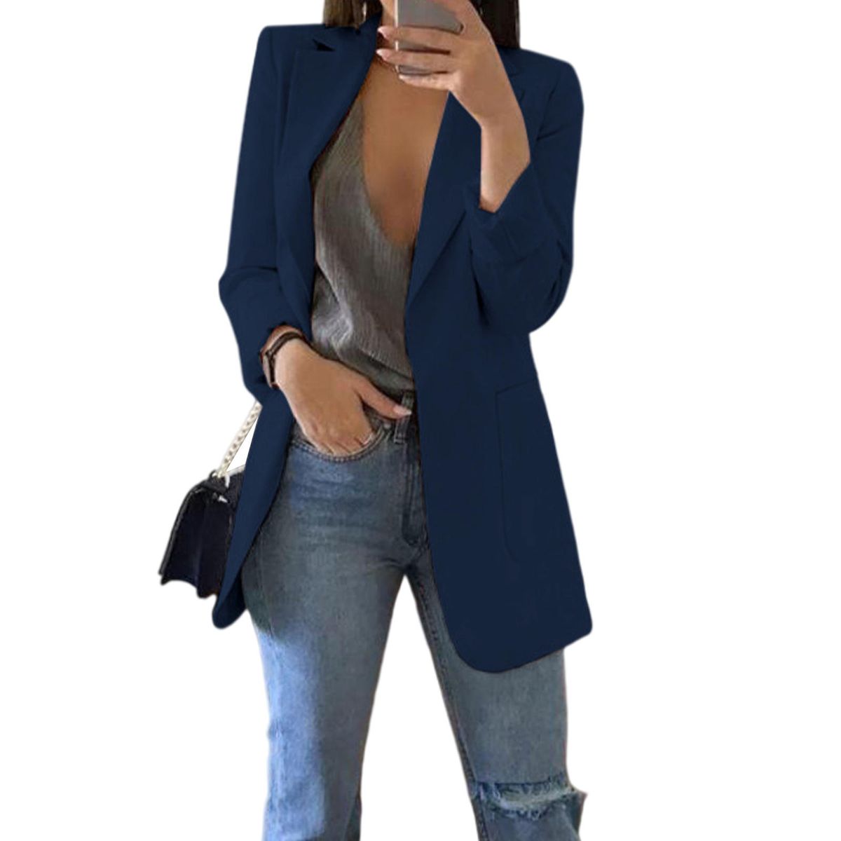 Women Cardigan Lapel Work Jacket Lightweight Casual Dark Blue 3XL